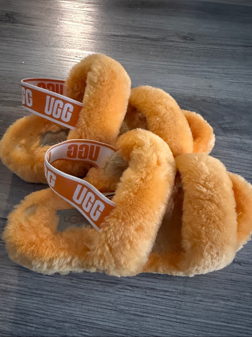 UGG Orange Plush Fluff Slippers with Branded Heel Strap